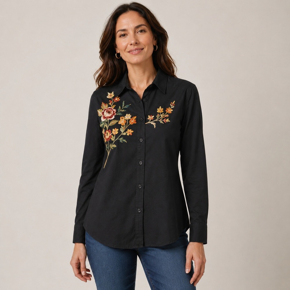 Chicos Black Floral Embroidered Button Down Shirt Modal Blend Size 0‎ US 4/6